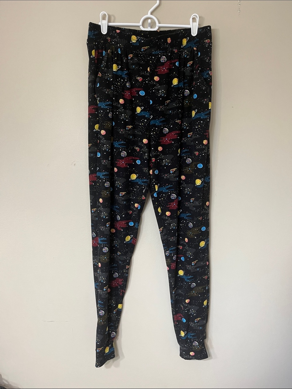Black Space-Print Jogger Pants with Colorful Planet Motif